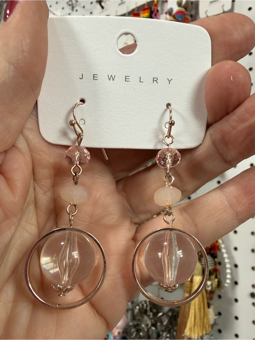 PALEST PINK LUCITE BALL DANGLE HOOP HOOK PINK MORGANITE GEMSTONE EARRINGS NEW